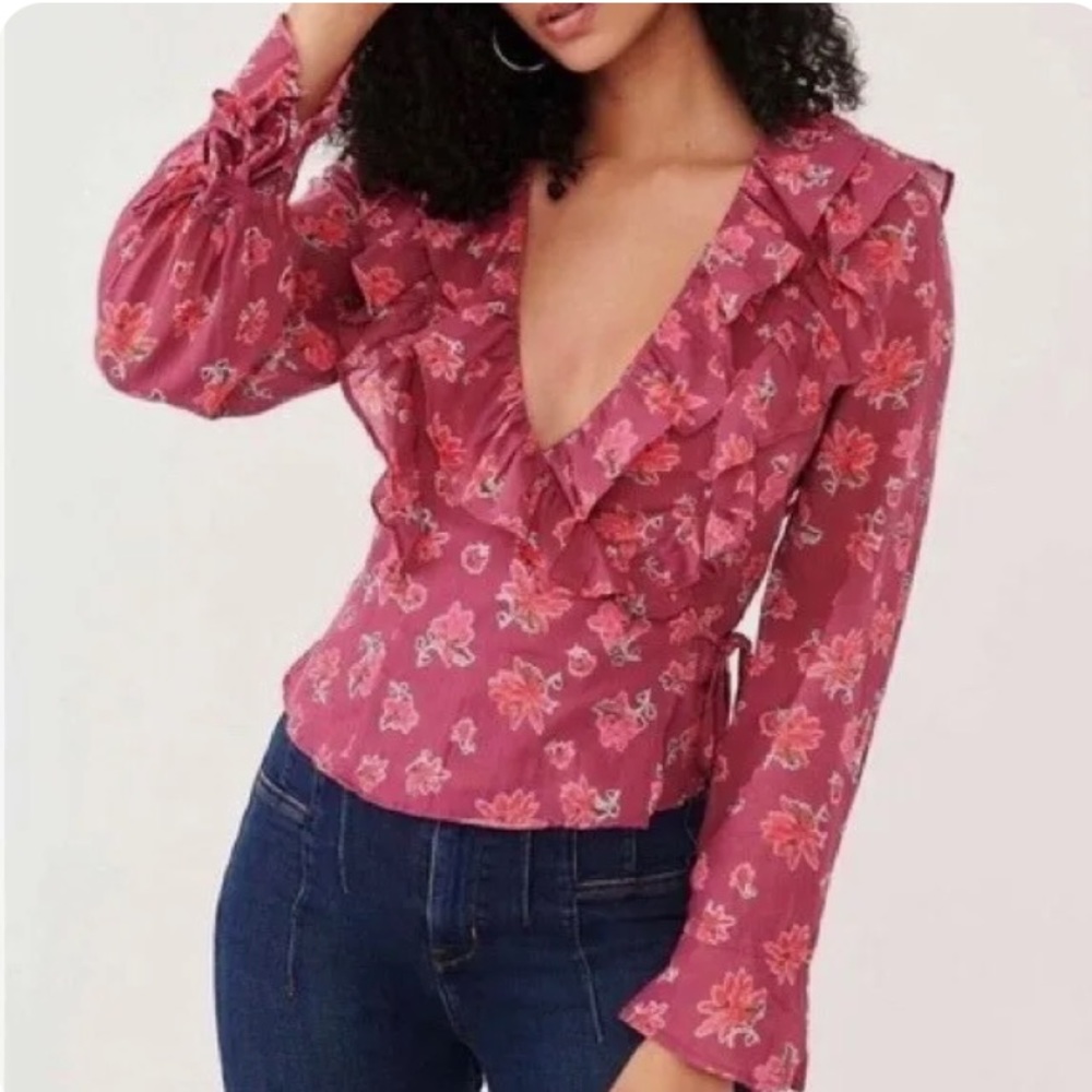 Free People XS Tie Closure Ruffle Amanda Floral Top Blouse - NWT